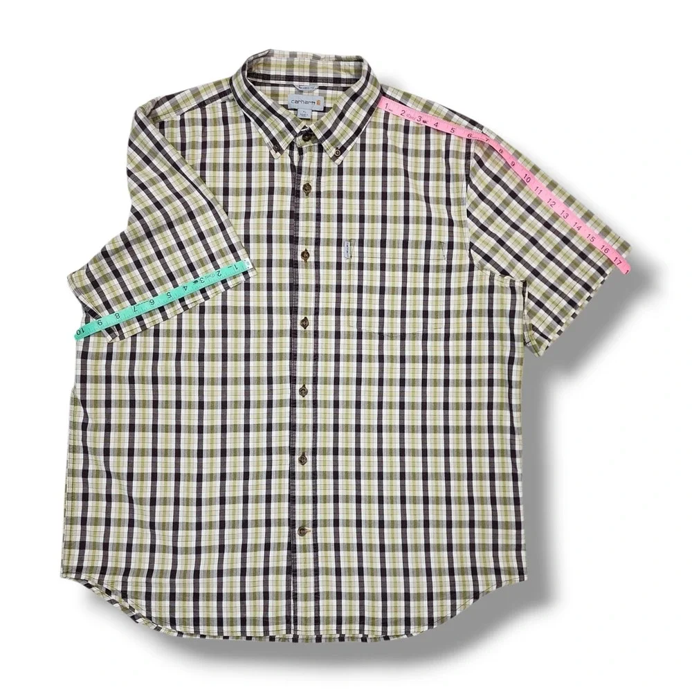 Carhartt‎ Relaxed Fit Green/Brown Plaid Button Down Short Sleeve Shirt Men's XL